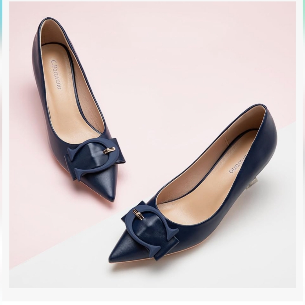 C.Paravano Women's Navy Blue Pointed Toe Kitten Heels with C Buckle Heels.